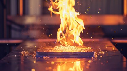 Close up of flame testing fire retardant material emphasizing fire safety heat resistance and material testing in a controlled setting