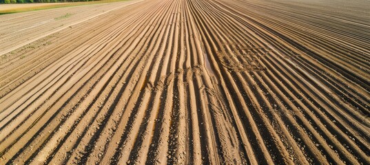 Aerial View of Deep Tillage Field with Evenly Turned Rows for Agricultural Purposes