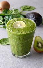 Sano frullato verde di spinaci, avocado e kiwi, guarnito con fetta di limone