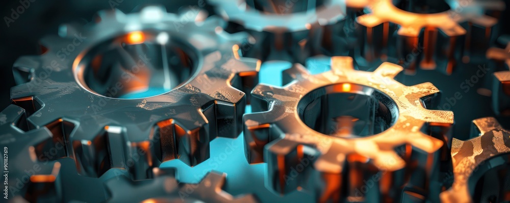 Poster artistic depiction of gears joining together, representing the integration of various business funct