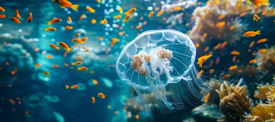 Translucent Jellyfish Floating Amidst Vibrant Fish in Captivating Underwater Scene