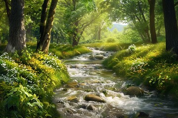 Obraz premium A serene countryside scene, with a babbling brook and lush greenery, creating a dreamy holiday wallpaper.