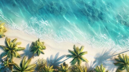 Obraz premium Aerial view of turquoise water lapping at a white sandy beach lined with palm trees.