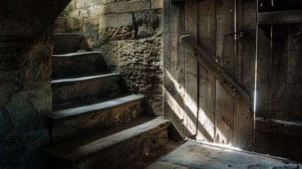 Dark and eerie wooden cellar door ajar at the base of weathered stone steps with sunlight streaming through casting shadows in a sinister abandoned basement chamber