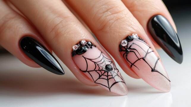 Halloween nail art design with spider and web pink gel manicure with black French tips