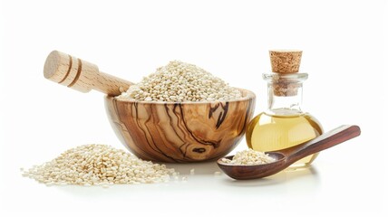 Close-up of Organic White Sesame seeds (Sesamum indicum) or white Til with shell in white ceramic bowl with the gradient background of White Sesame seeds. Close-up of Organic White Sesame seed
