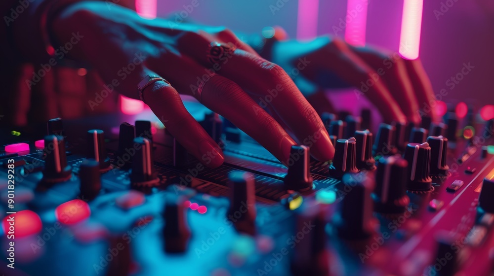 Poster dj adjusting knobs and sliders on mixing console for dynamic and precise sound control
