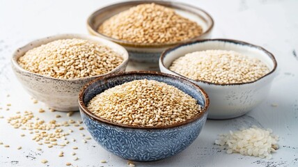 Close-up of Organic White Sesame seeds (Sesamum indicum) or white Til with shell in white ceramic bowl with the gradient background of White Sesame seeds. Close-up of Organic White Sesame seed

