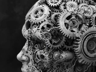 A close-up shot of someone's face with mechanical gears attached, perfect for sci-fi or futuristic-themed projects