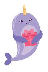 Childrens cute animal. Little narwhal character with present. Kids birthday concept. Element for invitation, print, banner, card, brochure, logo.
