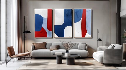 Set of three modern abstract wall art panels with geometric shapes in red, white, and blue colors