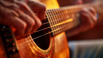 Fototapeta premium Close-Up of Musician Playing Acoustic Guitar, Capturing Hands, Strings, and Wood Grain Details