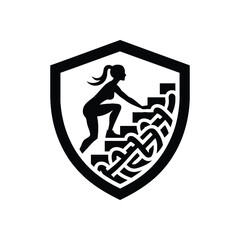 Stair climbing exercise female player with celtic knot, nordic pattern illustration, emblem shield badge