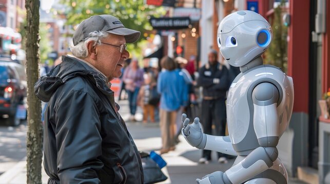 Un robot umanoide parla con un anziano per strada