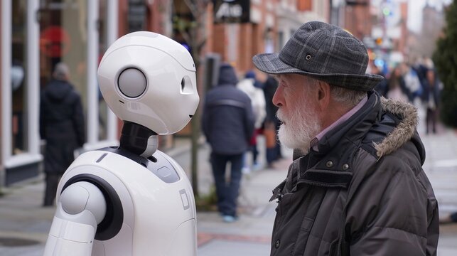 Un robot umanoide parla con un anziano per strada