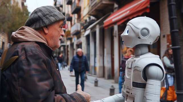 Un robot umanoide parla con un anziano per strada