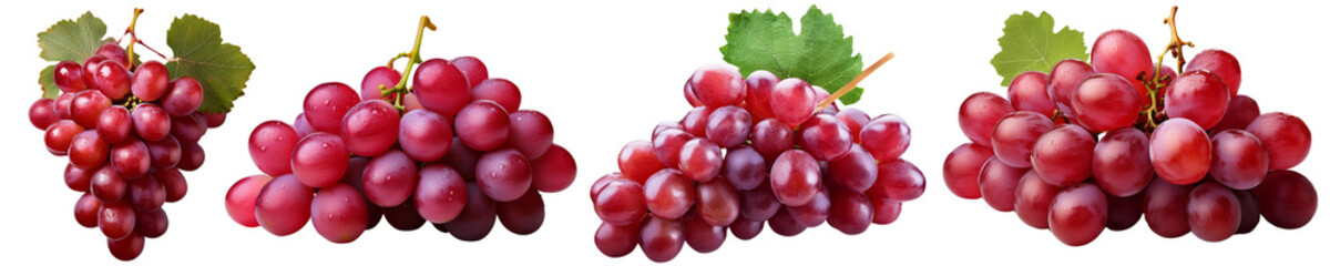 Fototapeta premium Set of Fresh Red Grapes with Leaves collection cut out transparent isolated on white background PNG