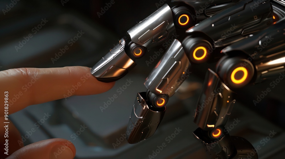 Poster a close-up of a human finger gently touching a robot's metallic finger, capturing the intricate deta