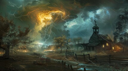 Tornado and Lightning storms destroy in plain. Natural disasters. Climate Change