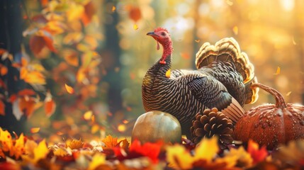 Fototapeta premium Turkey in autumn leaves with pumpkins and a pine cone.