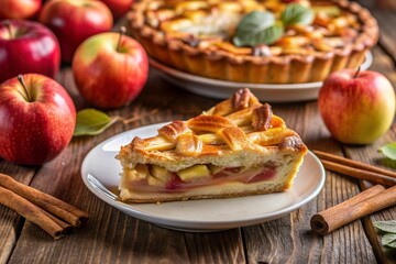 Slice of apple pie on a plate with apples and cinnamon sticks in the background. Cozy autumn dessert scene