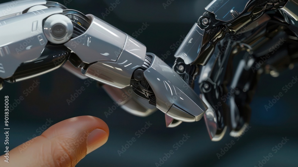 Poster a close-up of a human finger gently touching a robot's metallic finger, capturing the intricate deta