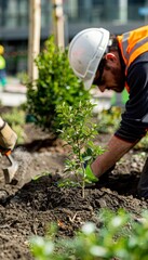 Urban Landscape Development: Builders Planting Trees and Shrubs for Green Spaces in City's Park