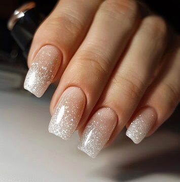 Bellissime unghie con smalto bianco trasparente con brillantini