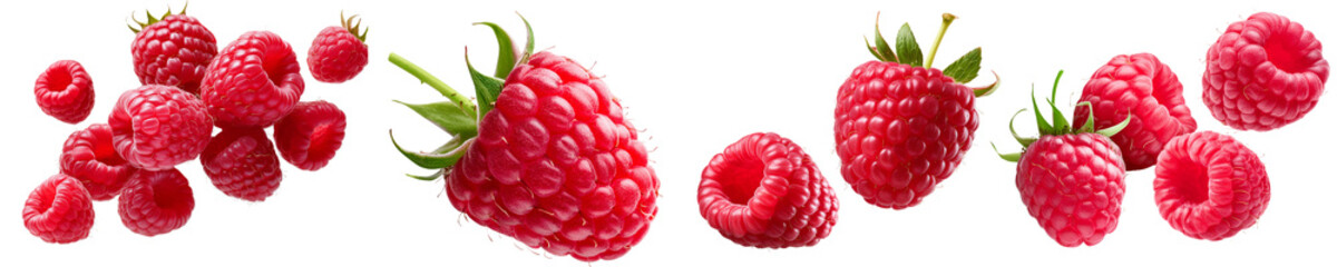 Set of Fresh Raspberries collection cut out transparent isolated on white background PNG