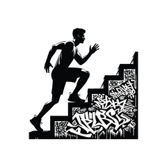 Stair climbing exercise male player with graffiti tags, street art pattern illustration, emblem shield badge