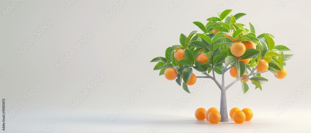 Poster a tree with oranges on it is on a white background