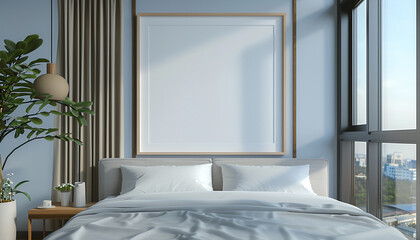 Modern hotel room with large headboard with empty frame