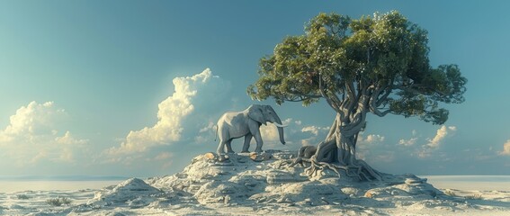 Surreal Elephant Sitting on Top of Old Tree in Desert - Cartoon Style 3D Rendering with Sky Background