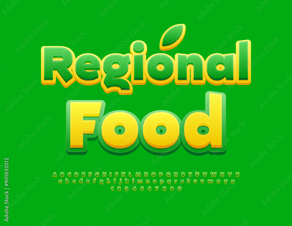 Poster vector gourmet concept regional food with decorative leaf. bright modern font. green and yellow alph