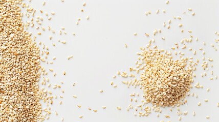 Close-up of Organic White Sesame seeds (Sesamum indicum) or white Til with shell in white ceramic bowl with the gradient background of White Sesame seeds. Close-up of Organic White Sesame seed

