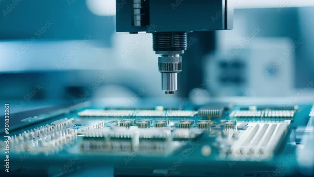 Poster a close-up view of an automated manufacturing machine assembling a circuit board, showcasing the int