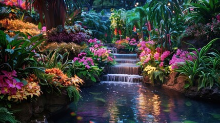 Garden decoration with beautiful flowers pool waterfall background wallpaper AI generated image