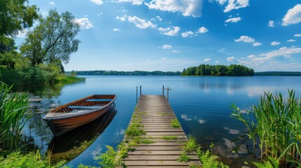Obraz premium Beautiful summer view of lake with wooden boats background wallpaper AI generated image
