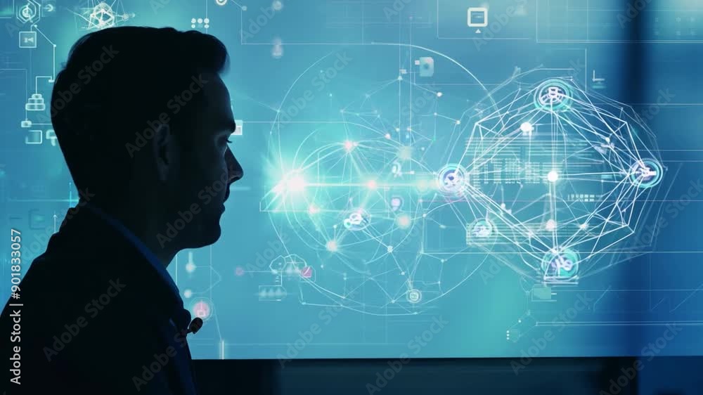 Poster a man in a dark suit stands in front of a large screen displaying a data network visualization with 