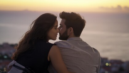 romantic couple kissing in front of the sea