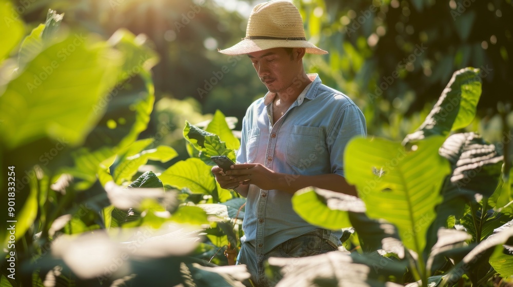 Poster a man in a straw hat is looking at his phone while standing in a field of green