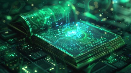 A spell book with green magic digital energy comes out background wallpaper AI generated image