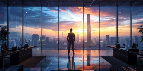 Confident Businessman in Sleek Office Setting with City View
