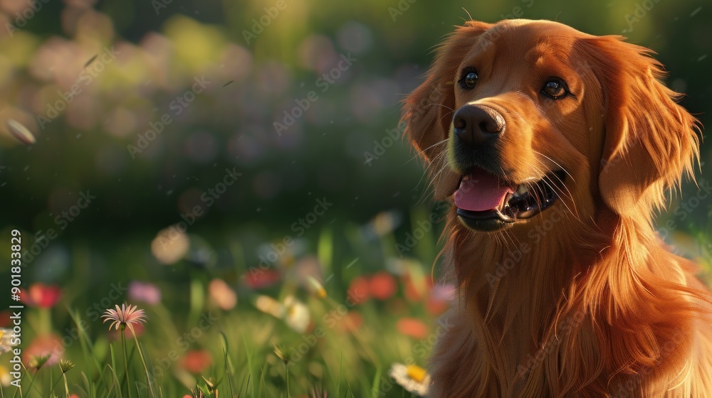 Wall mural Golden Retriever dog in a field of flowers.