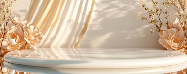 White Circular Platform with Floral Accents and Draped Fabric