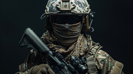 Special forces soldier in full uniform poses in studio background wallpaper AI generated image