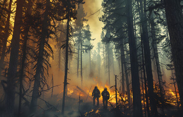 "Two Fedora-Wearing Firemen Fighting a Blaze: A Dramatic Shot"