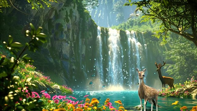 green hills crowned with cascading waterfalls, deer roaming nearby, amidst an abundance of sparkling flowers, Seamless looping 4k time-lapse animation video background