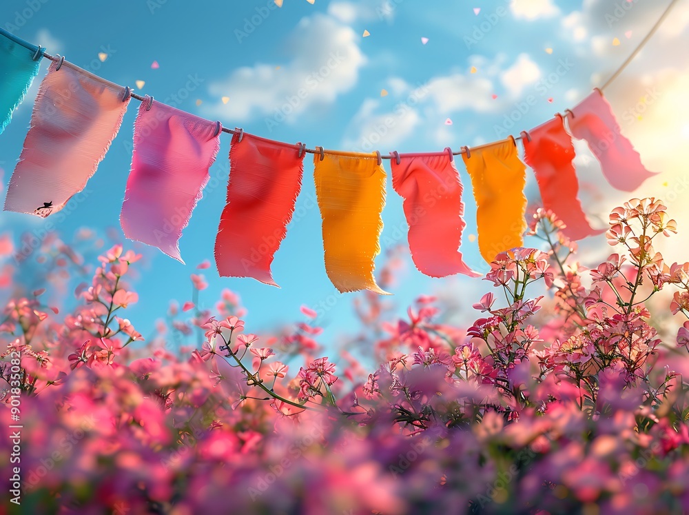 Poster a colorful flags from a string in a field of flowers.