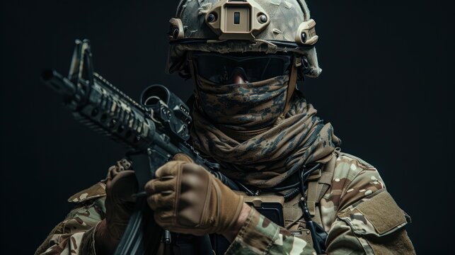 Special forces soldier in full uniform poses in studio background wallpaper AI generated image